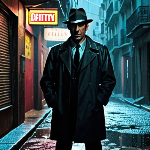 Home 4 **A gritty anti-hero detective, face shadowed, standing in a rain-slicked Madrid alleyway. Neon signs reflect in the puddles. He holds a cigarette, smoke curling, his expression ambiguous. The style should be Film Noir, with heavy contrast and a sense of moral ambiguity.** (Focuses on Anti-Hero and Setting)