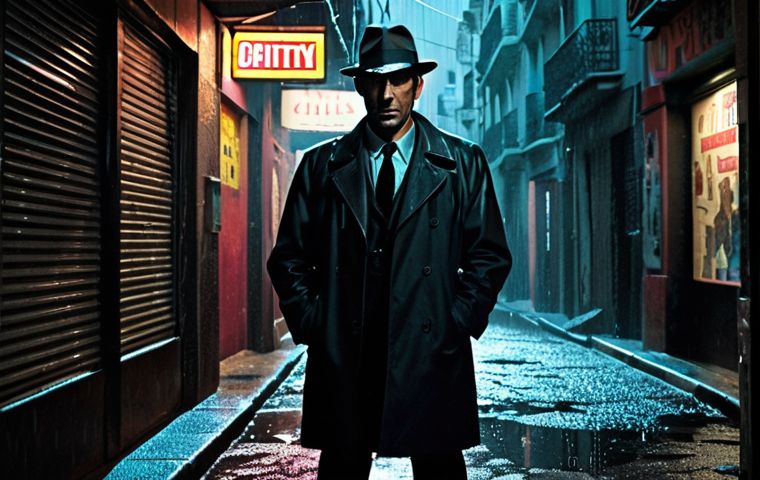 **A gritty anti-hero detective, face shadowed, standing in a rain-slicked Madrid alleyway. Neon signs reflect in the puddles. He holds a cigarette, smoke curling, his expression ambiguous. The style should be Film Noir, with heavy contrast and a sense of moral ambiguity.** (Focuses on Anti-Hero and Setting)