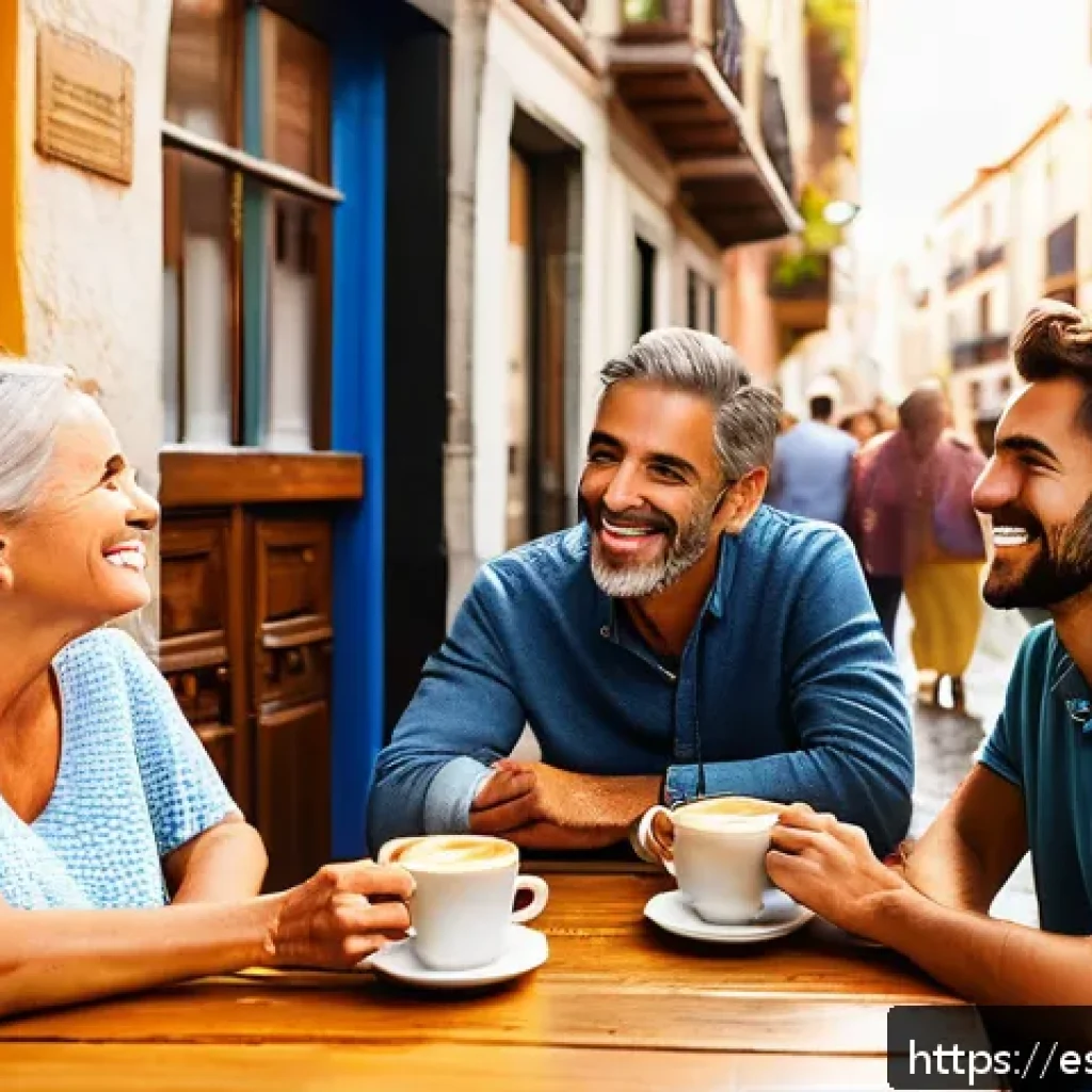 내러티브 패턴의 표현 기법 - A cozy, sunlit caf&eacute; scene in a vibrant Spanish town during morning hours, showing a diverse group of...
