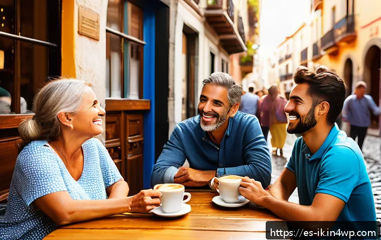 내러티브 패턴의 표현 기법 - A cozy, sunlit caf&eacute; scene in a vibrant Spanish town during morning hours, showing a diverse group of...